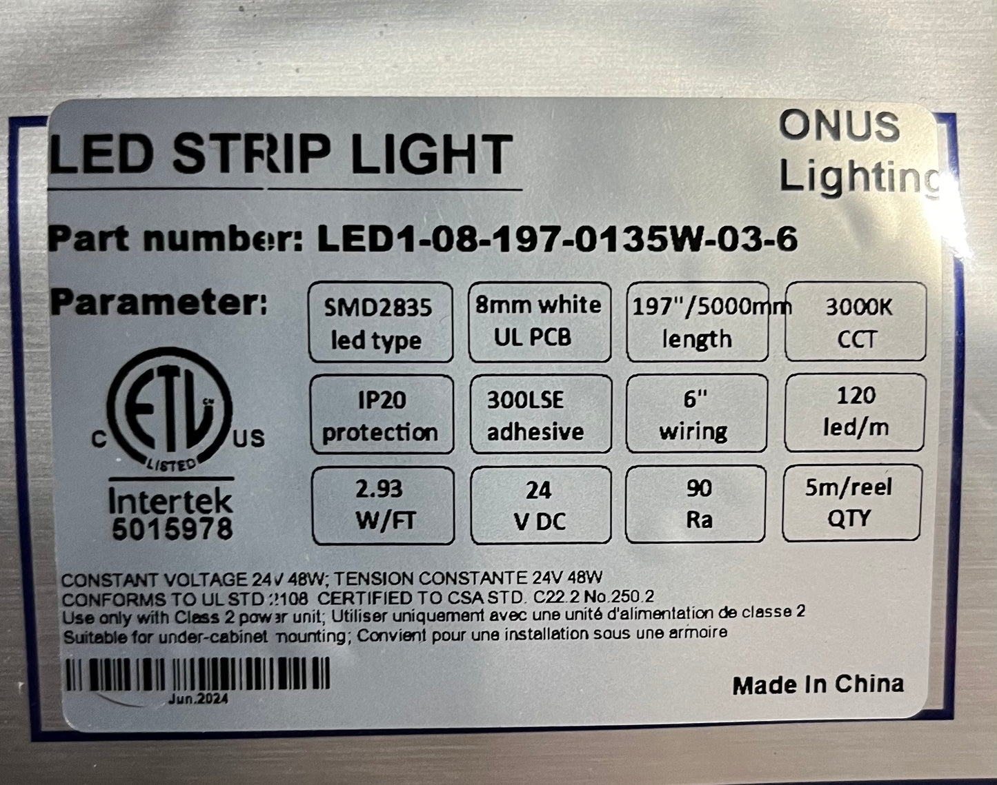 Led strip light 24v-5mm-3000k